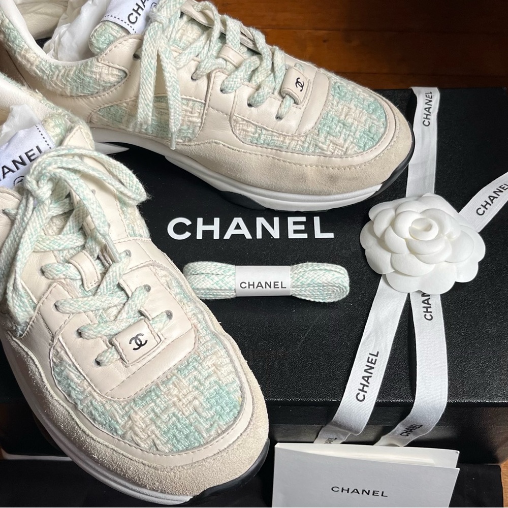 AUTHENTIC Chanel Cream and Green Sneakers with Luxurious TWEED Design